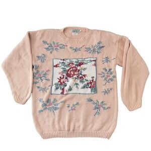 Vintage Handknit Floral Sweater Size L 100% Cotton Pink Grandmacore Cottagecore